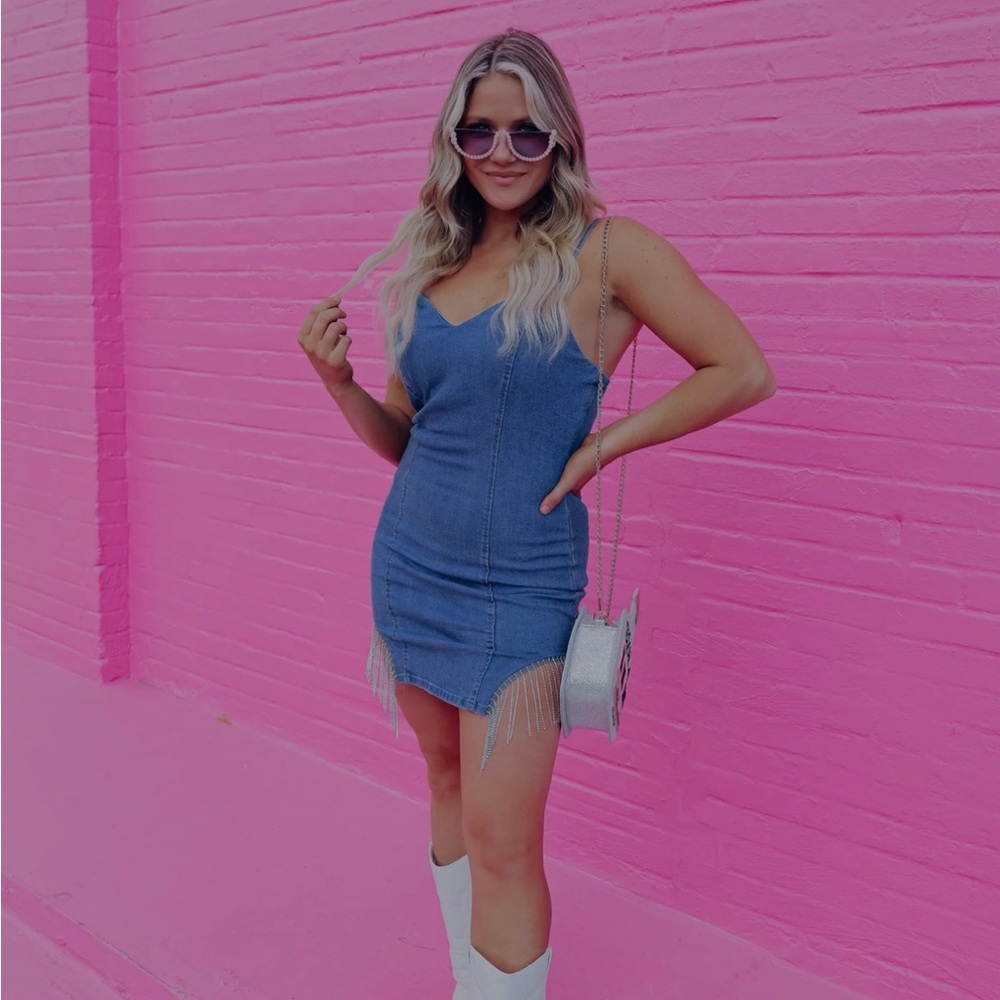 Radiate Rhinestone Fringe Denim Dress